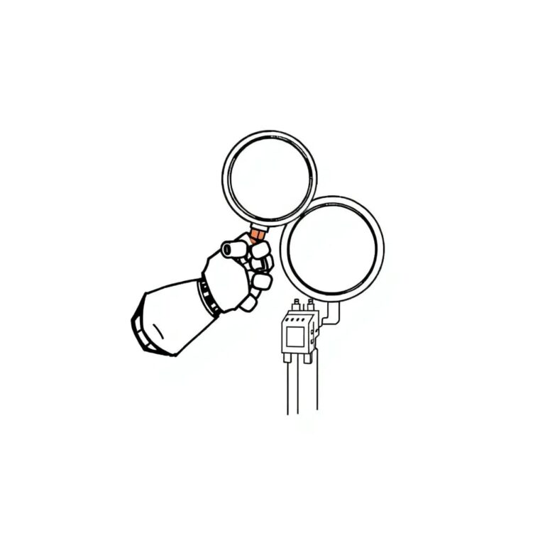 A robotic arm holding a magnifying glass over a circuit board