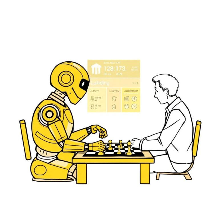 A golden, AI-driven chess robot playing against a human, with a digital display showing election results and lobbying data