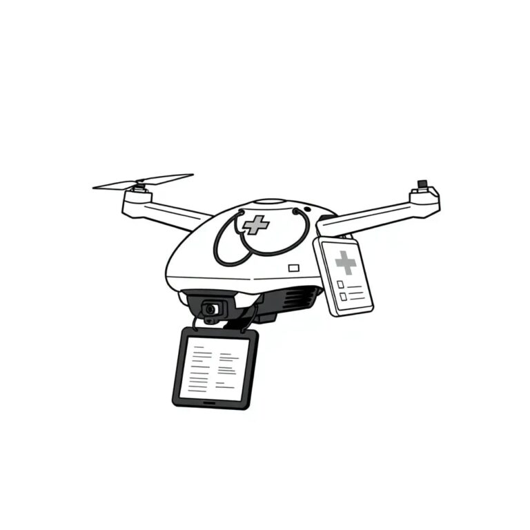 A high-speed, autonomous medical drone carrying a digital stethoscope and a tablet displaying a regulatory checklist