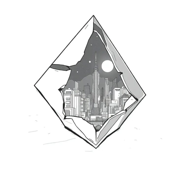 A shattered crystal prism reflecting a distorted, fragmented image of a futuristic cityscape