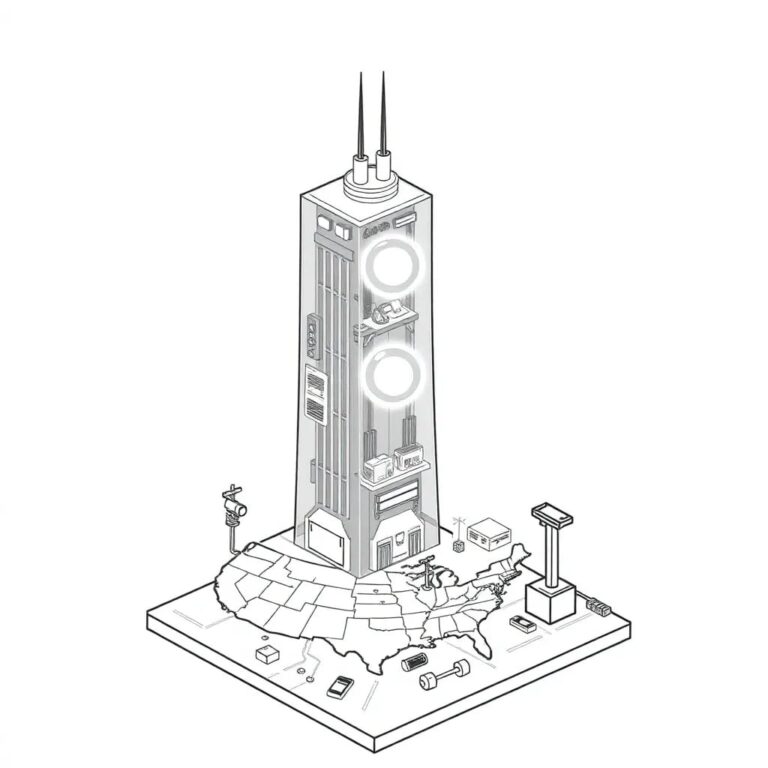 A futuristic, transparent control tower with integrated AI circuits and a glowing, pulsating core, standing atop a miniature, detailed model of the U.S. infrastructure network.