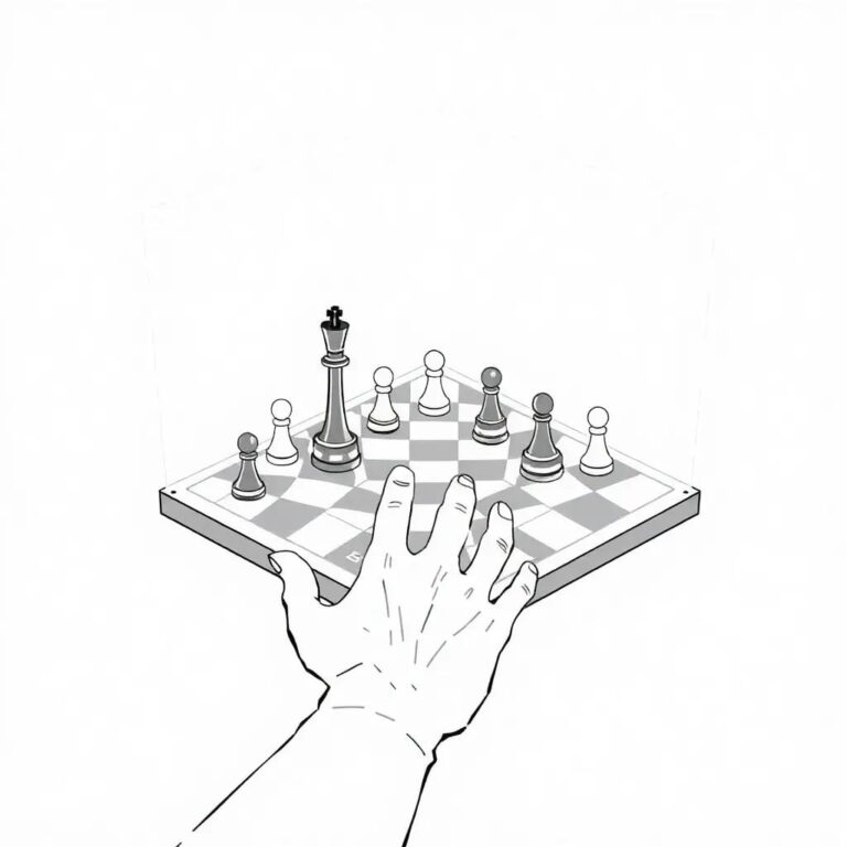 A holographic chessboard where pieces move autonomously, representing AI agents, and a human hand reaching out to guide or interact with them.