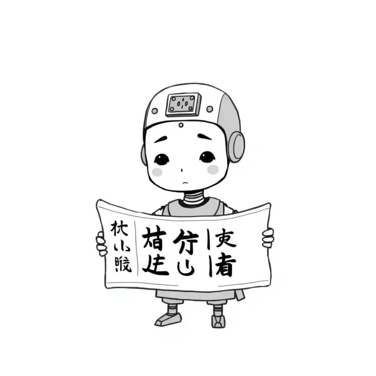 A mechanical puppet with a human face, holding a scroll with Chinese characters, and a small, glowing AI chip embedded in its forehead.