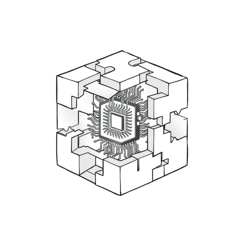 A multi-layered, interlocking puzzle cube with a glowing AI circuit board at its core