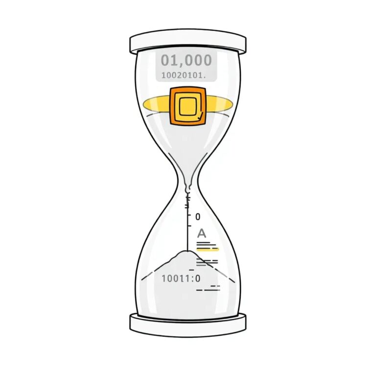 A digital hourglass filled with binary code, where the sand flows from a golden, AI-processor-shaped top into a transparent, regulatory document-shaped base.