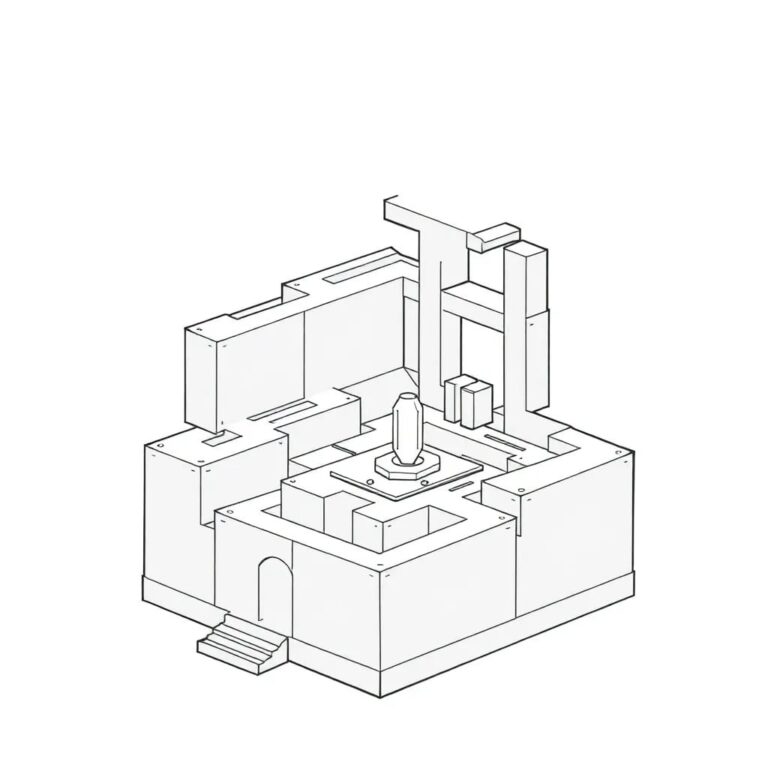A labyrinthine blueprint sculpture with AI nodes and compliance checkpoints
