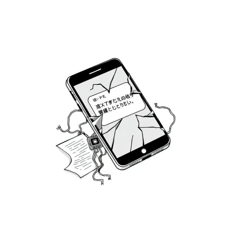 A shattered smartphone screen displaying a robotic text message, with a circuit board growing like vines from the cracks, intertwining with a legal document