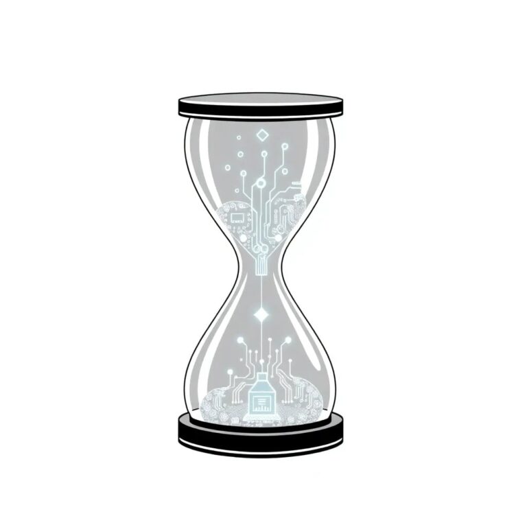A digital hourglass with glowing AI circuits flowing from the top to the bottom, symbolizing the transition from current best practices to future legal mandates.