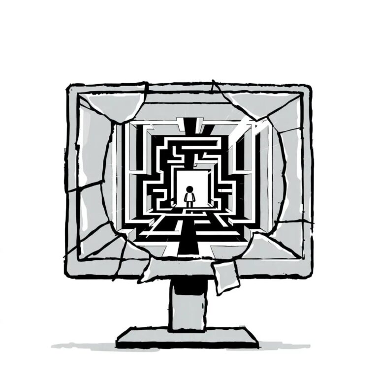 A shattered glass screen displaying a digital maze with a lone, trapped pixel trying to escape