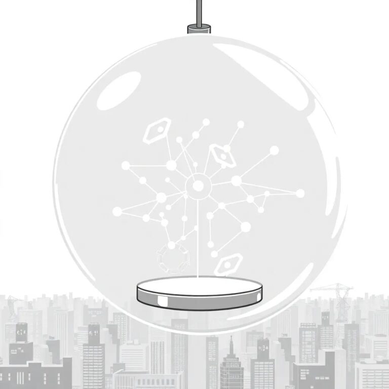 A futuristic, transparent AI neural network model encased in a glass orb, with shifting patterns of light representing data flows and risk assessments, suspended above a digital cityscape.