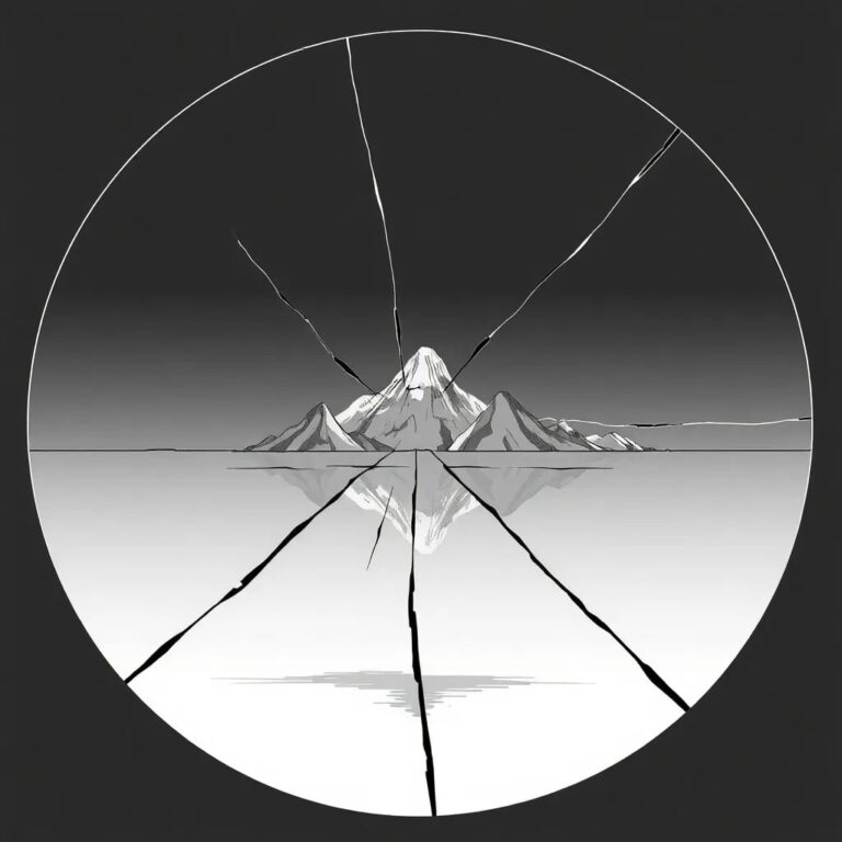 A shattered digital mirror reflecting a distorted, AI-generated landscape