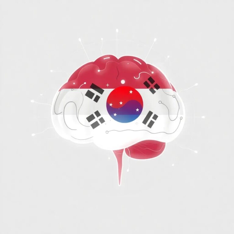 A holographic brain with neural pathways illuminated in the colors of the South Korean flag, encased in a transparent, futuristic AI interface.