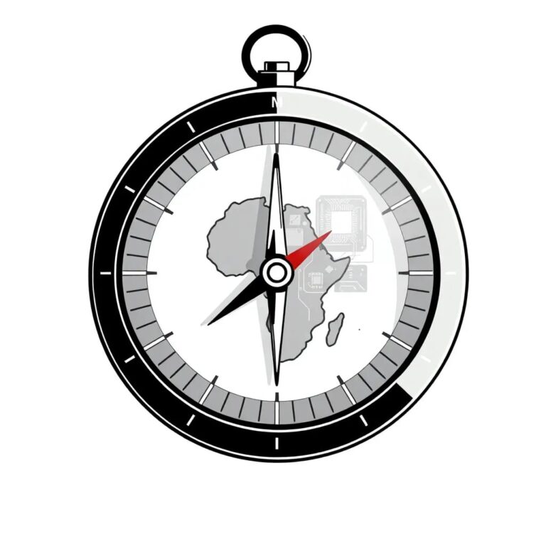 A digital compass with a map of Africa, where the needle points to a glowing AI circuit board