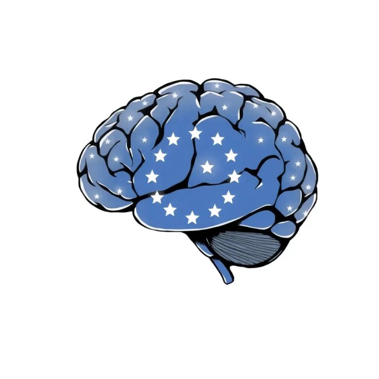 A futuristic, transparent AI brain with interconnected neural pathways, glowing softly with data streams, encased in a stylized EU flag