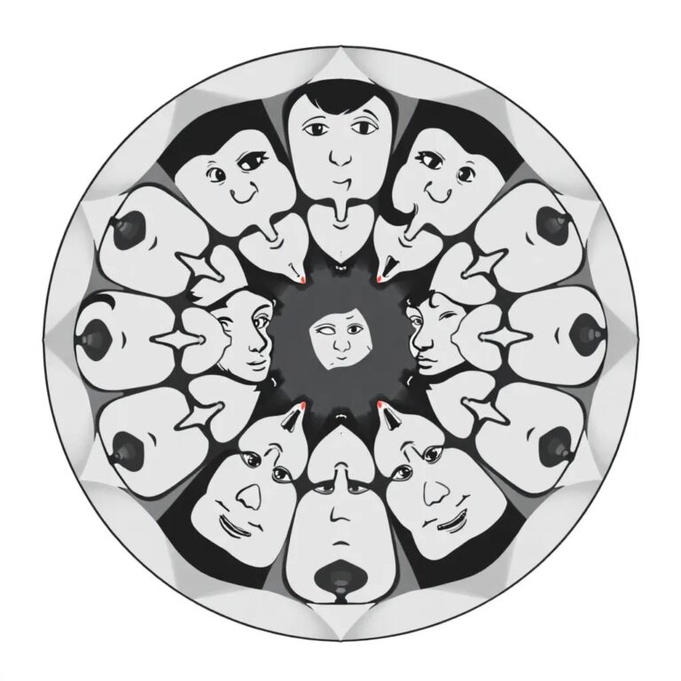 A kaleidoscope with mirrors that subtly warp and distort the reflections of diverse faces, but can be adjusted to show clear, undistorted images with proper calibration.