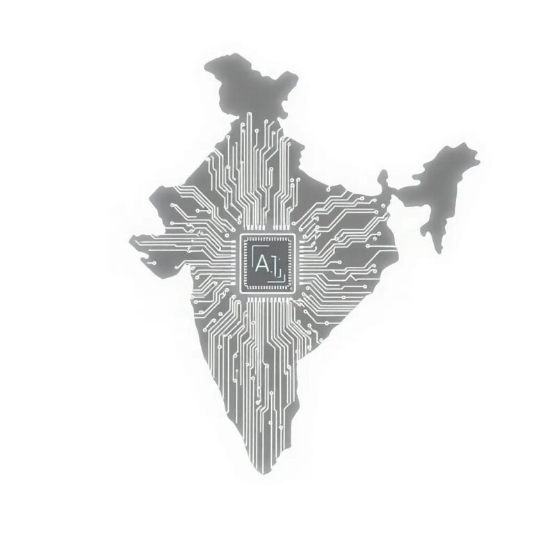 A glowing, intricately wired circuit board shaped like the map of India, with a small, pulsating AI chip at its heart.