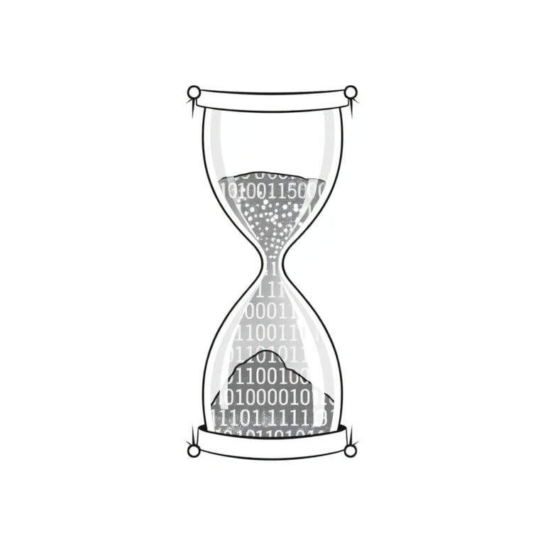 A futuristic, transparent hourglass filled with shimmering, ever-changing binary code instead of sand