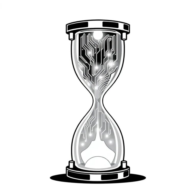 A futuristic, transparent hourglass filled with swirling lines of code and glowing circuits, with a mechanical arm that can adjust the flow rate.