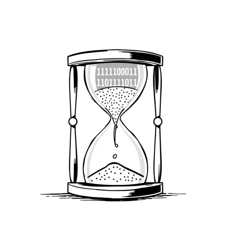 A digital hourglass with flowing binary code instead of sand