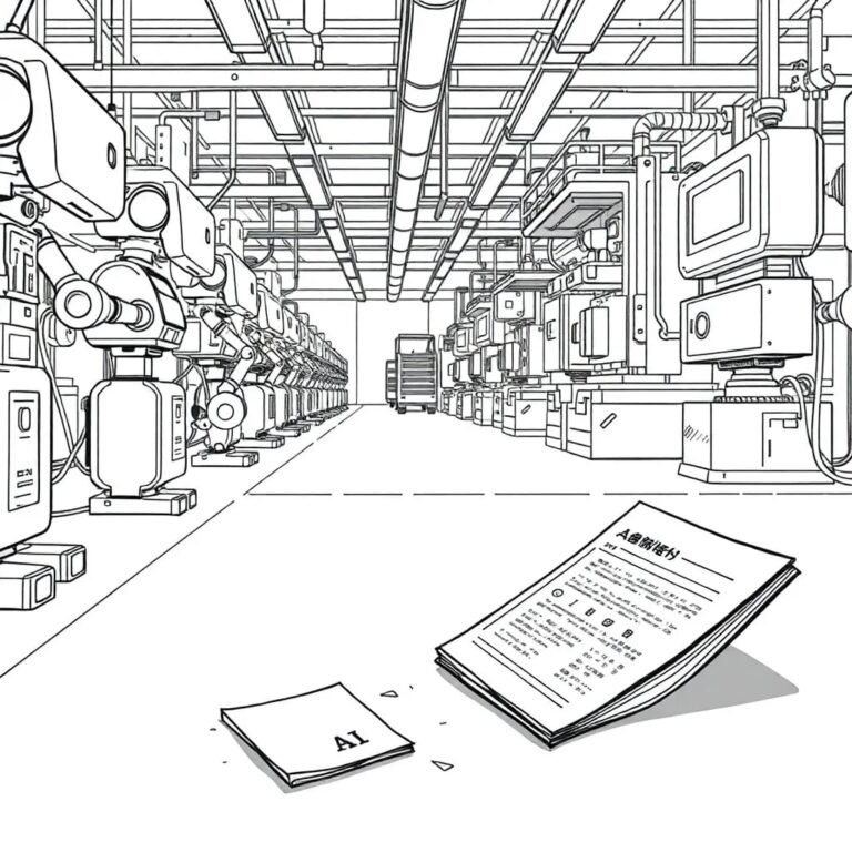 A futuristic assembly line where robots are rapidly integrating AI components into machinery, while a lone, old-fashioned compliance manual lies forgotten on the floor, gathering dust.