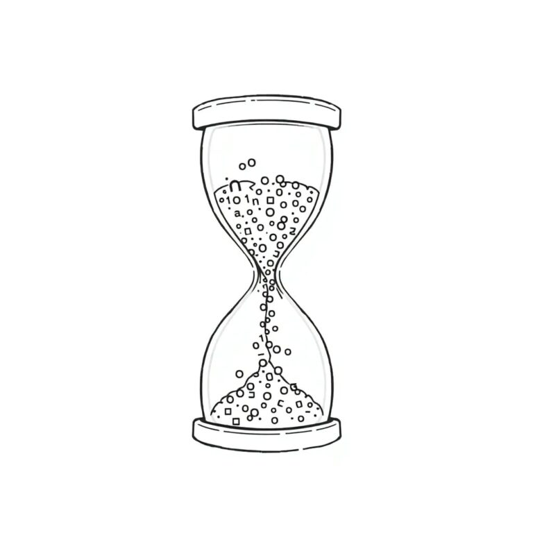 A digital hourglass filled with binary code, slowly shifting from chaotic streams to organized, structured patterns as it empties.