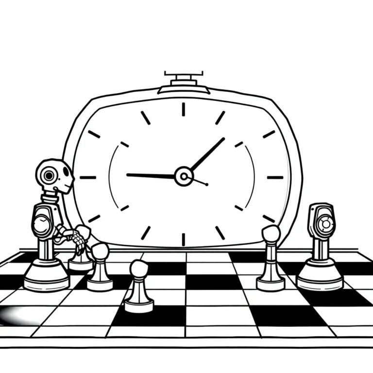 A cybernetic chessboard with AI-controlled pieces and a NIST-branded clock ticking down to zero