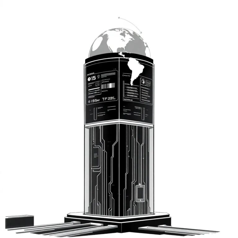 A futuristic, transparent AI control tower with glowing, interconnected circuits and a rotating, holographic globe at its apex, displaying real-time data streams and regulatory updates.