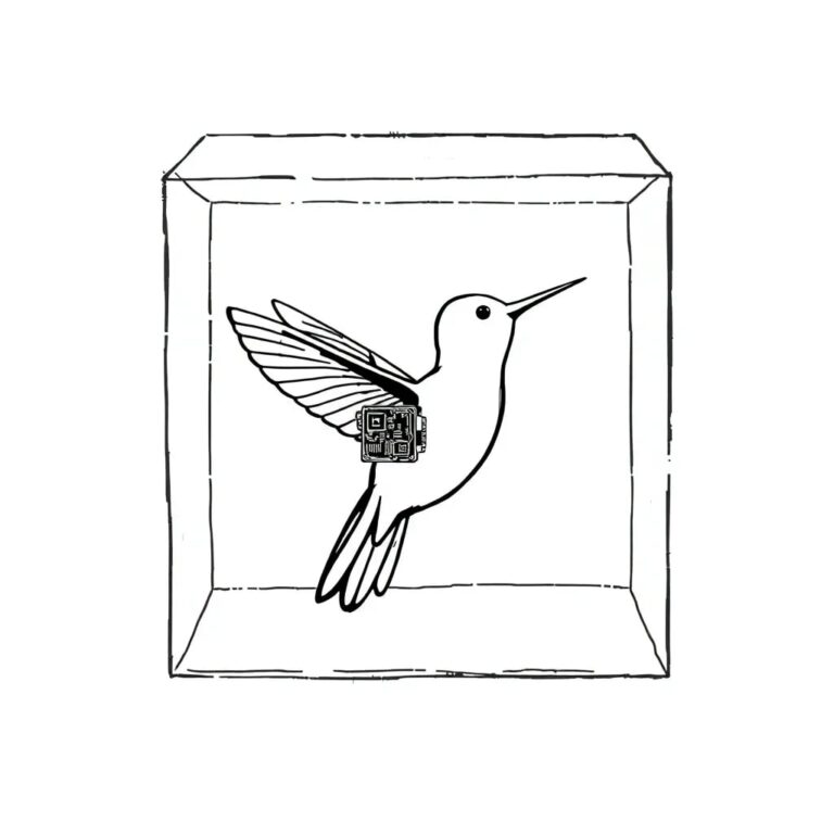 A locked, transparent glass box containing a hummingbird in flight, with a small, intricate AI circuit board perched on its back.