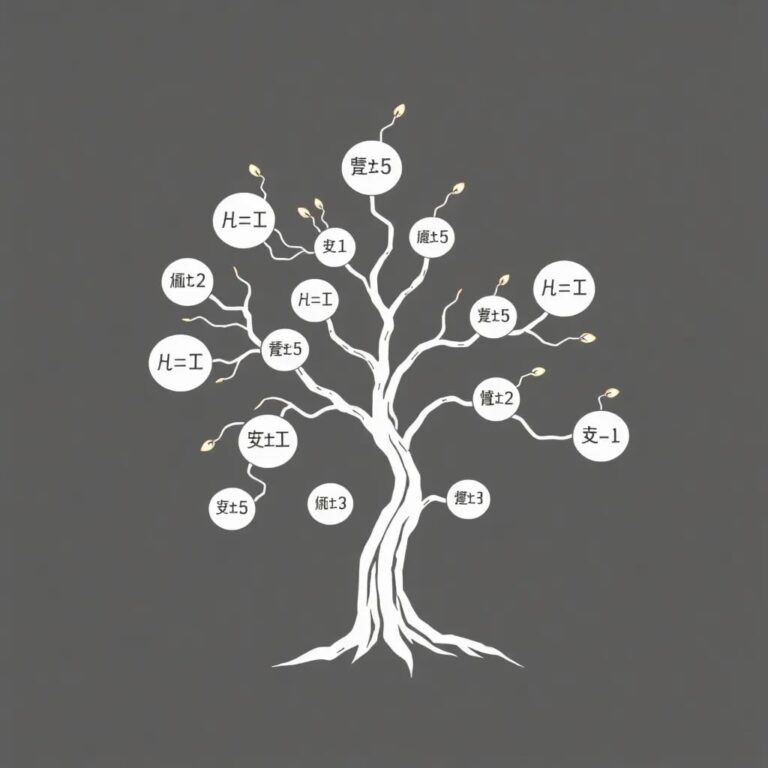A fractal tree with branches representing different AI algorithms, each leaf displaying a mathematical equation