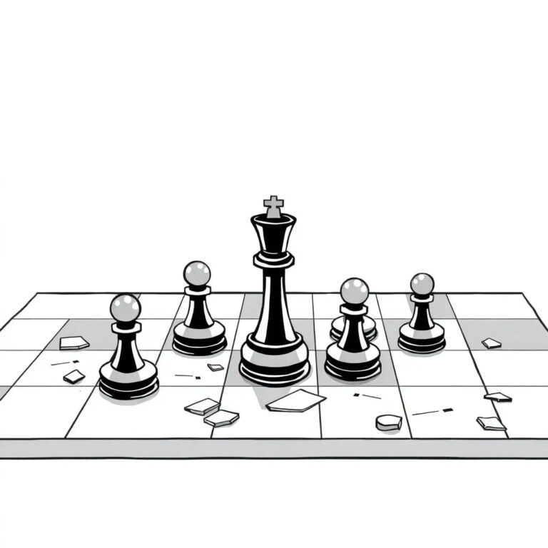 A shattered chessboard with AI-controlled pieces frozen mid-move