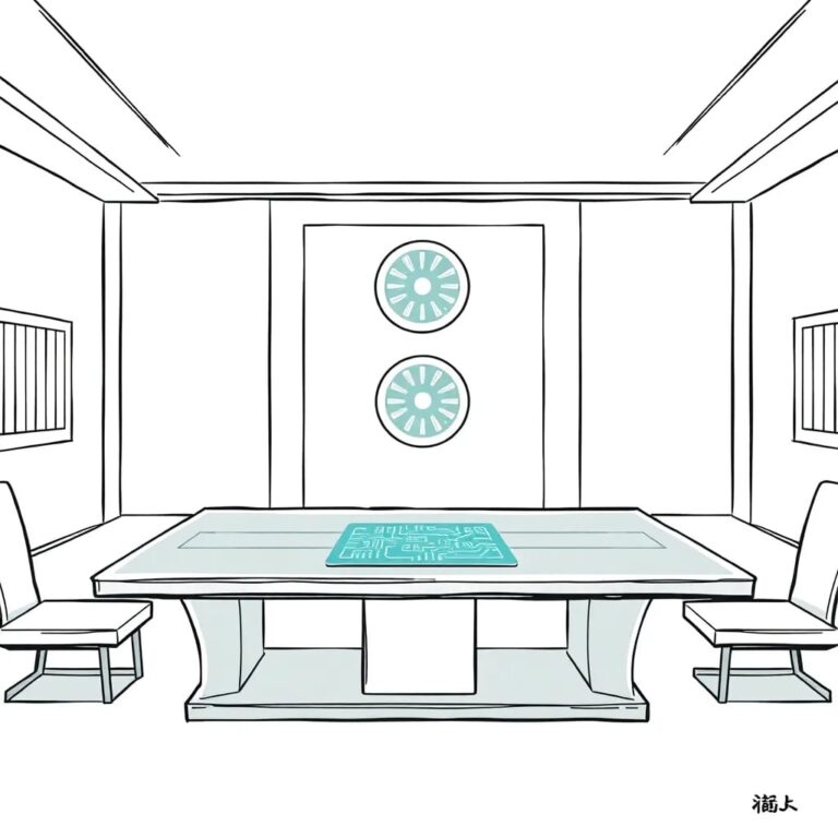 A futuristic, transparent glass desk with an embedded, glowing AI circuit board that flickers with data, placed in the center of a traditional government chamber.