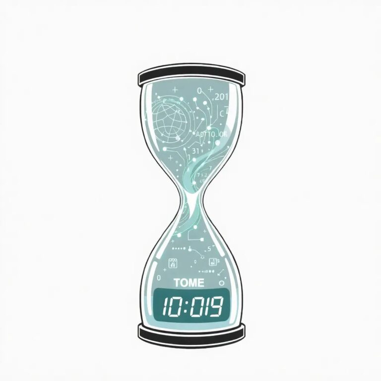 A futuristic, transparent hourglass filled with swirling, luminescent code and algorithms, with a digital clock face at its base counting down to zero.