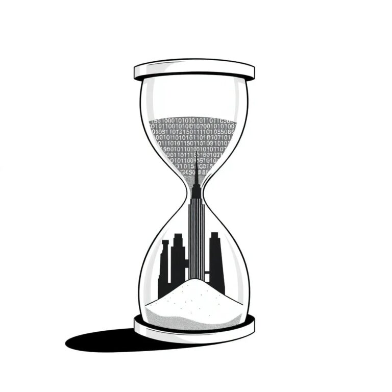 A futuristic, transparent hourglass filled with binary code instead of sand, with a New York City skyline etched into the glass.