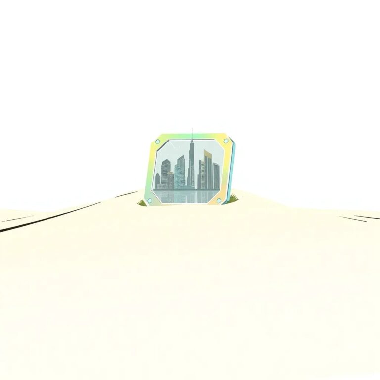 A futuristic, iridescent AI chip embedded in a golden sand dune, with the Dubai skyline reflected on its surface.