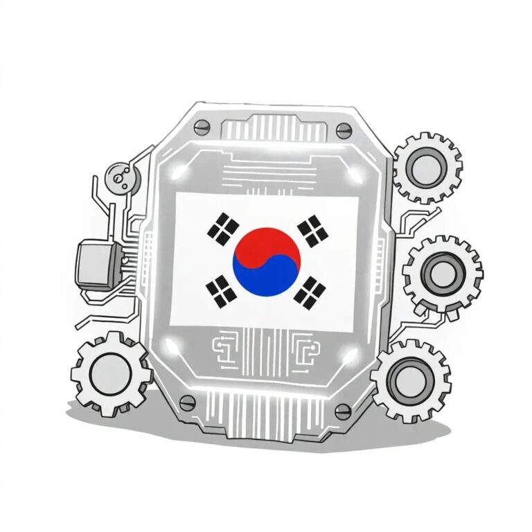 A futuristic, transparent AI circuit board with a glowing South Korean flag integrated into its design, surrounded by interlocking gears representing regulatory mechanisms.