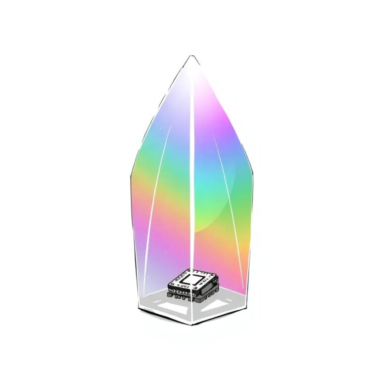 A transparent, shimmering glass prism that refracts light into a spectrum of colors, with each color representing a different aspect of data privacy, and a small, intricate AI circuit board embedded within it.