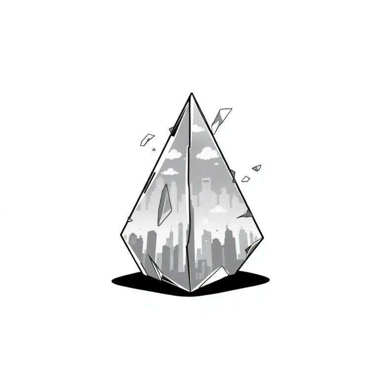 A shattered crystal prism reflecting distorted, fragmented images of futuristic cityscapes