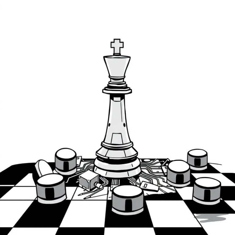 A shattered chessboard with a rogue AI pawn standing on a digital circuit board