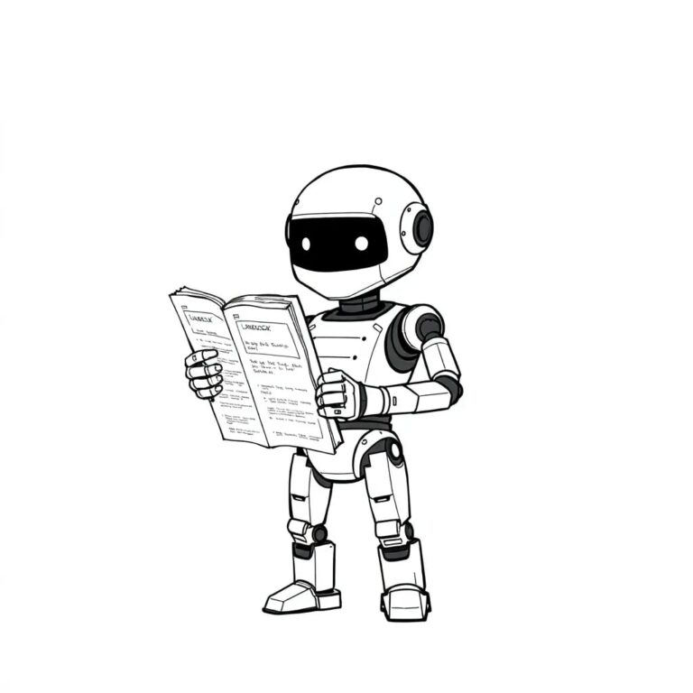 A futuristic, half-assembled robot holding a tattered, old rulebook