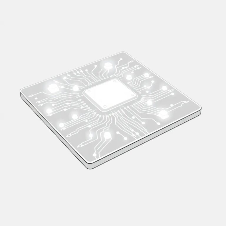 A futuristic, transparent AI-driven circuit board with glowing, interconnected nodes that adapt and change in real-time, symbolizing the dynamic governance and security of semiconductor innovation.