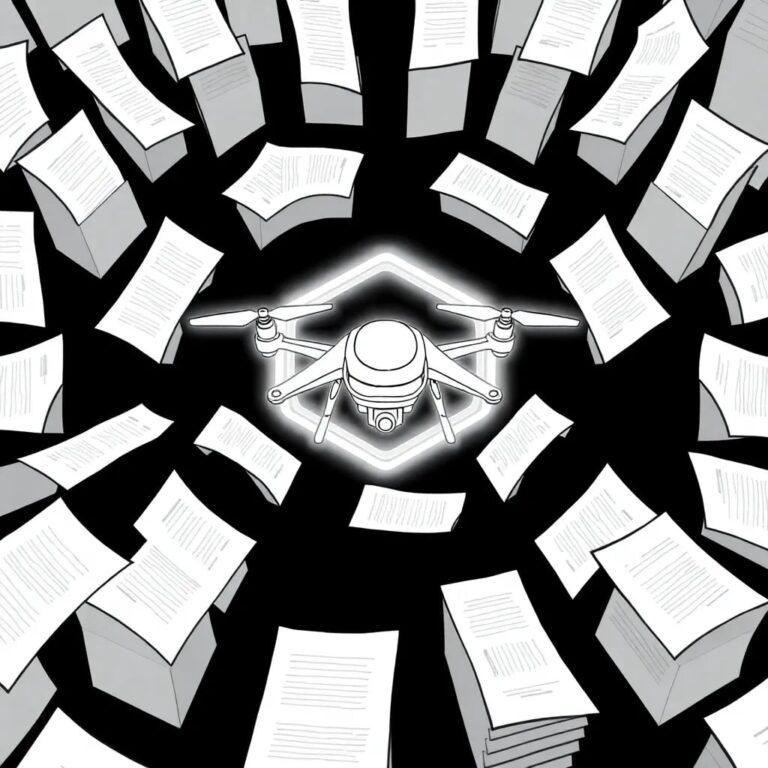 A holographic drone navigating through a labyrinth of glowing regulatory documents