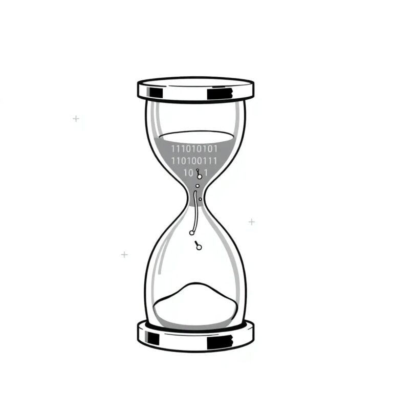 A digital hourglass with flowing binary code instead of sand