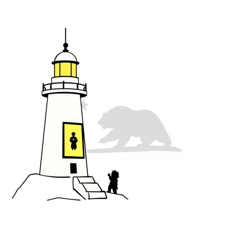 A futuristic, glowing lighthouse beacon with a digital screen displaying a child's silhouette interacting with a chatbot avatar, set against a backdrop of the California state flag.