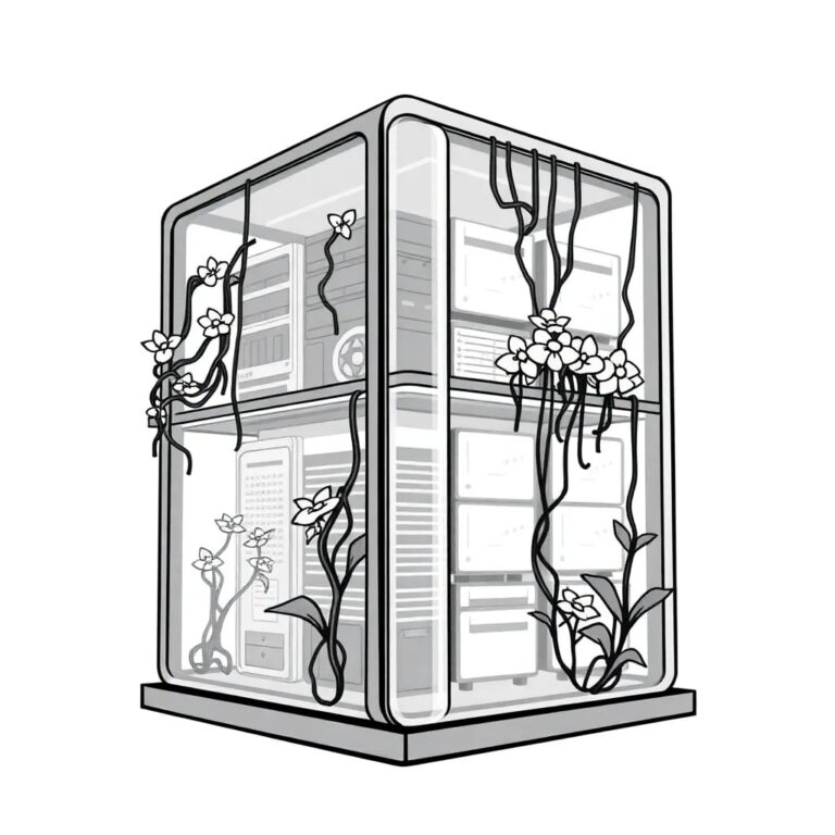 A futuristic, transparent data center model with integrated, glowing AI circuits and a lush, vertical garden growing on its exterior