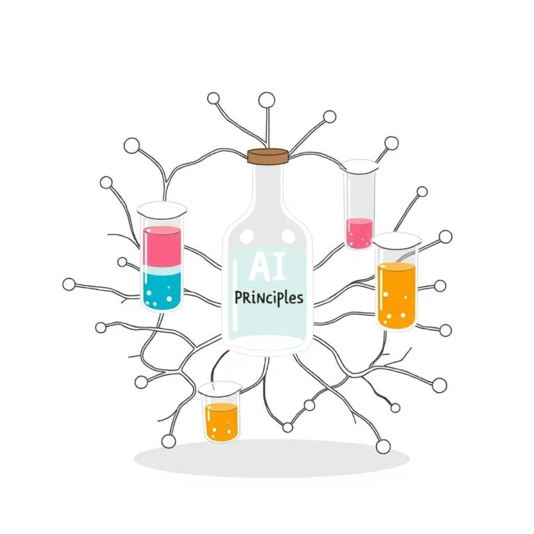 A stylized, interconnected neural network sculpture made of transparent glass vials, each containing a different colored liquid representing various AI algorithms, with a central vial labeled 'AI Principles' glowing softly, symbolizing the harmonious integration of AI in drug development.