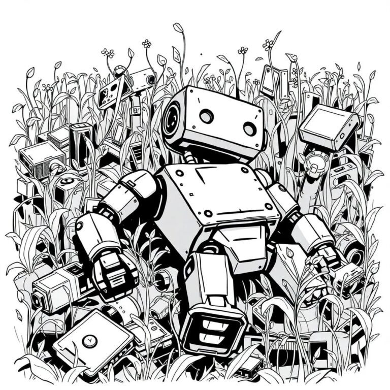 A rusted, abandoned AI robot lying in a field of overgrown, forgotten tech gadgets