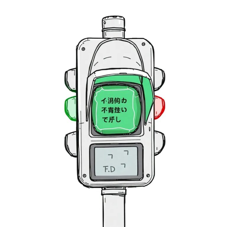 A rusted, AI-controlled traffic light that flickers erratically between green and red lights, with a small, cracked digital screen displaying conflicting safety messages.