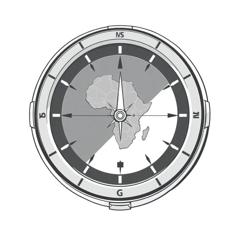 A futuristic, intricately designed AI-powered compass with a digital display that shows a map of Africa, highlighting Nigeria at its center, and a needle that points towards a glowing, interconnected web of data nodes.