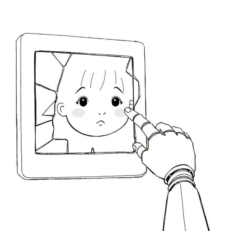 A shattered digital photo frame displaying a child's face, with a robotic arm reaching out to touch the broken screen