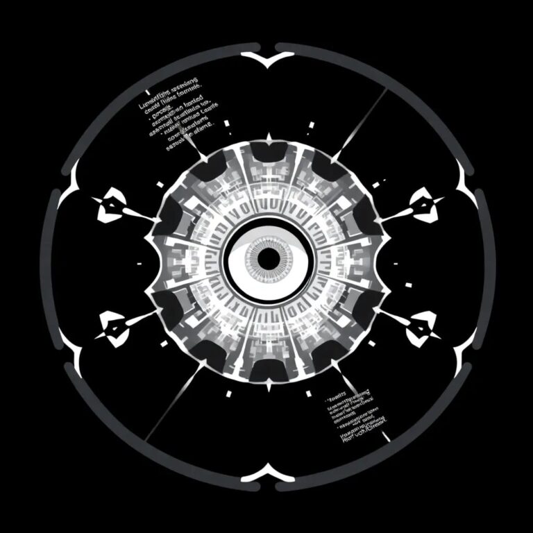 A holographic, ever-shifting kaleidoscope that displays fragmented, real-time AI code snippets and alerts, with a central, pulsating eye that glows brighter with each detected anomaly.